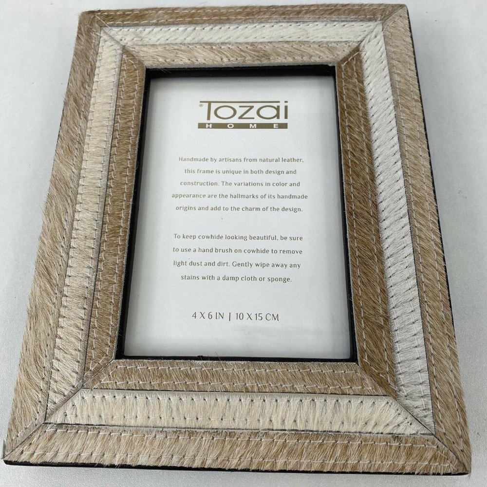 Tozai Home Photo Picture 4x6 Frame Cowhide Neutral Tones White Beige Brown